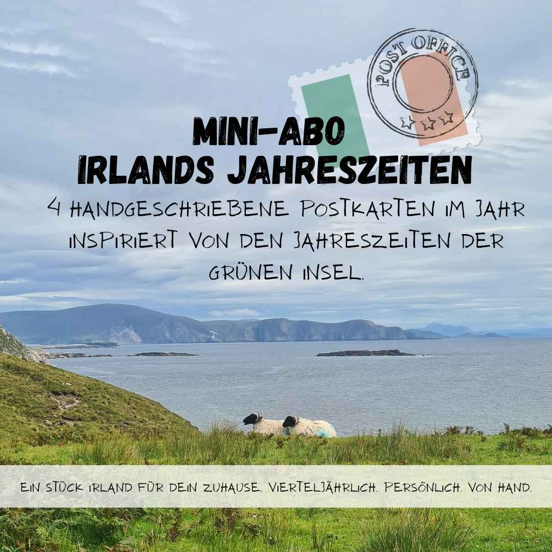 Zwei Schafe auf einer Klippe an Irlands Westküste, um das exklusive Irland Abo mit Postjarten anzupreisen. Das perfekte Geschenk für Irlandliebhaber