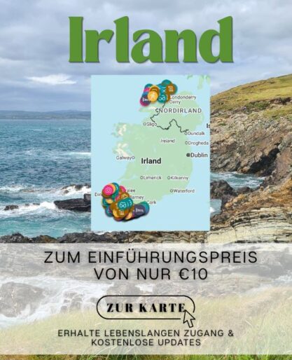 Klippen am Wild Atlantic Way in West Cork and einem bewölkten Tag. Der Text beschreibt eine interaktive Irlandkarte, die einem die Reiseplanung erleichtert.