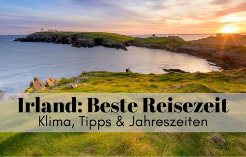 Irlands Küste bei Sonnenuntergang am Wild Atlantic Way. Irland beste Reisezeit ist immer.